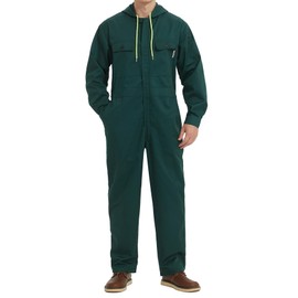 Yukirtiq Mens Cotton Blend Long Sleeve Coverall Multi Pockets Zip Overall Mechanic Work Jumpsuit with Hood, Green, XL