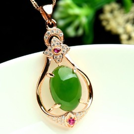 LRGKMCWTOB Fashion Natural Hetian Jade Rose Gold Pendant Necklace for Women, Faux Exquisite Shiny Craft Painted Enamel Imitation Gold Plated Cubic Zirconia Crystal Necklace for Wedding