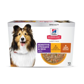 Hill's Science Diet Adult Sensitive Stomach & Sensitive Skin Wet Dog Food Variety Pack, Chicken & Vegetable Stew, Turkey & Rice Stew, 12.5 oz. Cans, 12-Pack