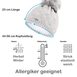 Faera Winter Hat Women's Warm Lined Faux Fur Bobble Hat Fleece Lining Winter Autumn Knitted Hat Beanie Girls 64, lightgrey