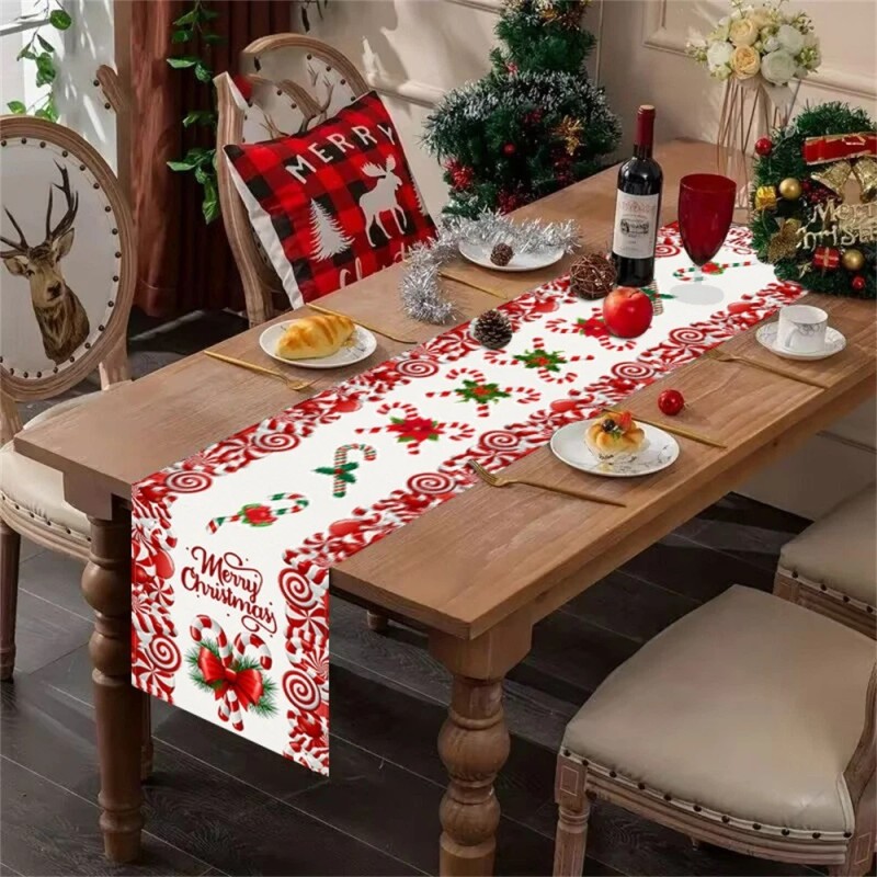 1pc Christmas Candy Cane Table Runner Merry Christmas Table Decor