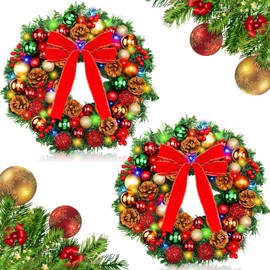 Cindeer 2 Pcs Lighted Christmas Wreath, 14 Inch Xmas Wreath with Pine Cones Red Bow Berries Colored Balls, Light up Christmas Wreath for Front Door Xmas Home Winter Holidays Decoration