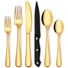 EUIRIO 48-Piece Gold Silverware Set with Steak Knives, Heavy Duty Gold Flatware Set for 8, Food-Grade Stainless Steel Tableware Cutlery Set, Gold Utensil Sets for Home Restaurant, Mirror Finish