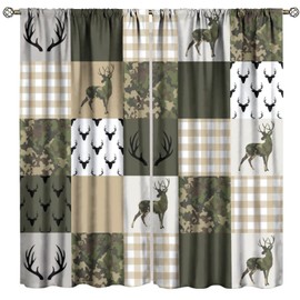 JanJCurt Camouflage Deer Curtains, Vintage Camo Green Beige Plaid Rustic Cabin Wildlife Hunting Window Treatments for Farmhouse Kitchen Living Room Bedroom 42x54 Inch (No Blackout)