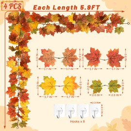 Helimoto Autumn Leaves Garland, 4 Pack 5.9 FT Fall Decorations for Home, Artificial Maple Fall Garland, Hanging Autumn Thanksgiving Decor for Wedding Party Fireplace Porch Mantle Wall Decorations