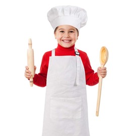 CRJHNS Kids Apron and Chef Hat Set, Adjustable Cotton Child Toddler Aprons with Pocket, White Girls Boys Kitchen Bib Aprons for Cooking Baking Painting (White, Small)