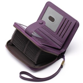 GAEKEAO Leather Credit Card Holder Wallet for Women RFID Blocking Large Capacity Bifold Zipper Card Case Organizer with Wristlet 32 Slots