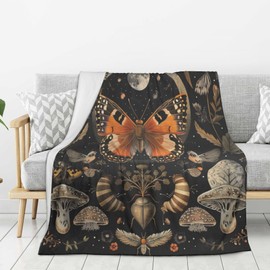 Orange Butterfly Moon Flower Throw Blanket, 320gsm Boho Mushroom Blanket Fluffy Cozy Soft Warm Plush Decorative Gifts for Women Men Kids, Blankets Quilt for Bed Sofa Chair Couch (50"x40")