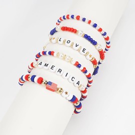 Briutn America Stackable Bracelet Set Red White and Blue Beads with Pearls Independence Day 4th of July Accessories