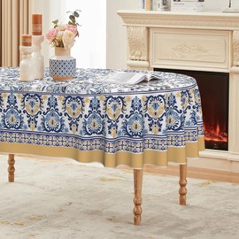 Horaldaily Regular Tablecloth 60×84 Inch Oval, Yellow and Blue Floral Rustic Washable Seasonal Table Cover for Party Picnic Dinner Decor