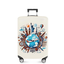 ANNA QUEEN Travel Around the World Luggage Cover, Colorful Landmark Suitcase Protector with Airplane & Globe Design, Stretchable, Washable Travel Sleeve for 18-32 Inch Luggage