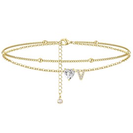 TCXOO Anklets Bracelets for Women 14k Gold Plated Waterproof CZ Initial Anklet for Women Layered Letter Heart Ankle Bracelets Beach Adjustable Foot Chain