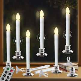 Window Candles with Remote Timers 6PCS Battery Operated Flickering Flameless Led Electric Candle Lights with Silver Base and Suction Cups Taper Candles Holder for Christmas Decorations