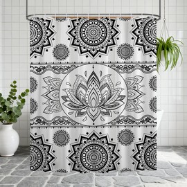 puuiui Black and White Mandala Shower Curtain Lotus Flower, 70x72 Inchs