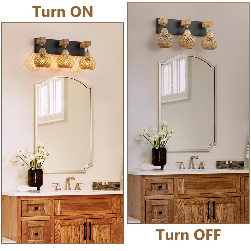 LmnLvn Farmhouse Bathroom Light Fixture, 3-Light Boho Vanity Light, Bamboo