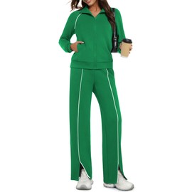 Casly Lamiit Womens 2 Piece Outfits Casual Travel Fall Lounge Set Sweatsuits Long Sleeve Zip Up Sweatshirt Sweatpants Front Slits Airport Clothing Green 2XL
