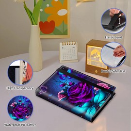 BPQOJB Small Photo Album 4x6 inch 120 Pockets Photos Pu Leather Cover Photo Albums With Elastic Band Design Cute Photo Album For Family Wedding Anniversary Travel - Purple Rose and Blue Butterfly