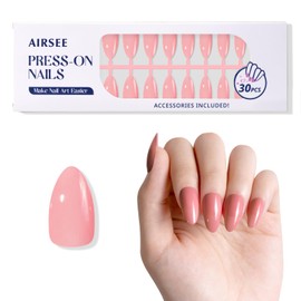 AIRSEE Press On Nails Almond Medium - Peach Pink, Transparent Style, 30 Pcs Solid Color Reusable Fake Nails Kit for Women | Long Lasting, Easy Application with Accessories Included, 15 sizes nail tips