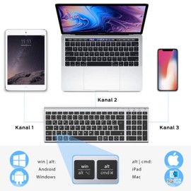 iClever BK10 Bluetooth Tastatur, kabellose wiederaufladbare Tastatur mit 3 Bluetooth Kanälen, Stabile Verbindung, Ultraslim Ergonomisches Design, Funk Tastatur für iOS, Android, Windows