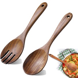 Salad Servers, 2 Pieces Salad Servers Set, 10.2 X 2.8 Inches Wooden Utensils Set Salad Mixing Dinner Fork and Spoon, Salad Tongs, Salad Serving Spoons for Kitchen Cooking Utensil Cutlery Set