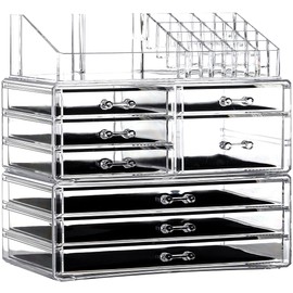 Cq Acrylic 3 Pack Clear Make Up Organizers - Stackable 8 Drawer Organizer for Vanity, Desk, Jewelry, Beauty & Skincare Products