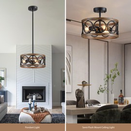 peskoe Farmhouse Pendant Light, Ceiling Light for Bedroom Hallway Kitchen Entryway, Dining Room Light Fixtures 3-Light Nickel and Wood Grain Metal Hanging Lamp