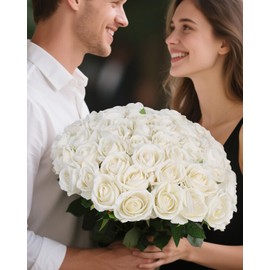 LFF 50 Pcs White Fake Roses, Roses Artificial Flowers with 20" Stems, Velvet Roses Bouquet for Wedding, DIY Arrangements, Party Centerpiece, Valentine's Day, Romantic Home Decor (White)