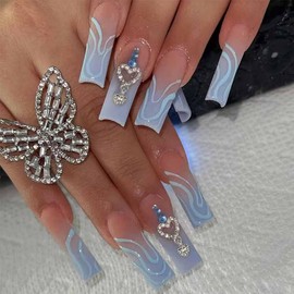 Foccna French Press on Nails Long Blue Fake Nails Square Bling Glossy Rhinestone False Nail Tips Artificial Nails Finger Manicure for Women and Girls-24pcs
