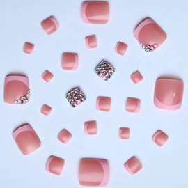 Pink Press on Toenails French Tip Fake Toenails Short Square False Toenails Shiny Press on Toe Nails Summer Full Cover Stick on Toenails Rhinestone Glue on Toenails for Women 24Pcs