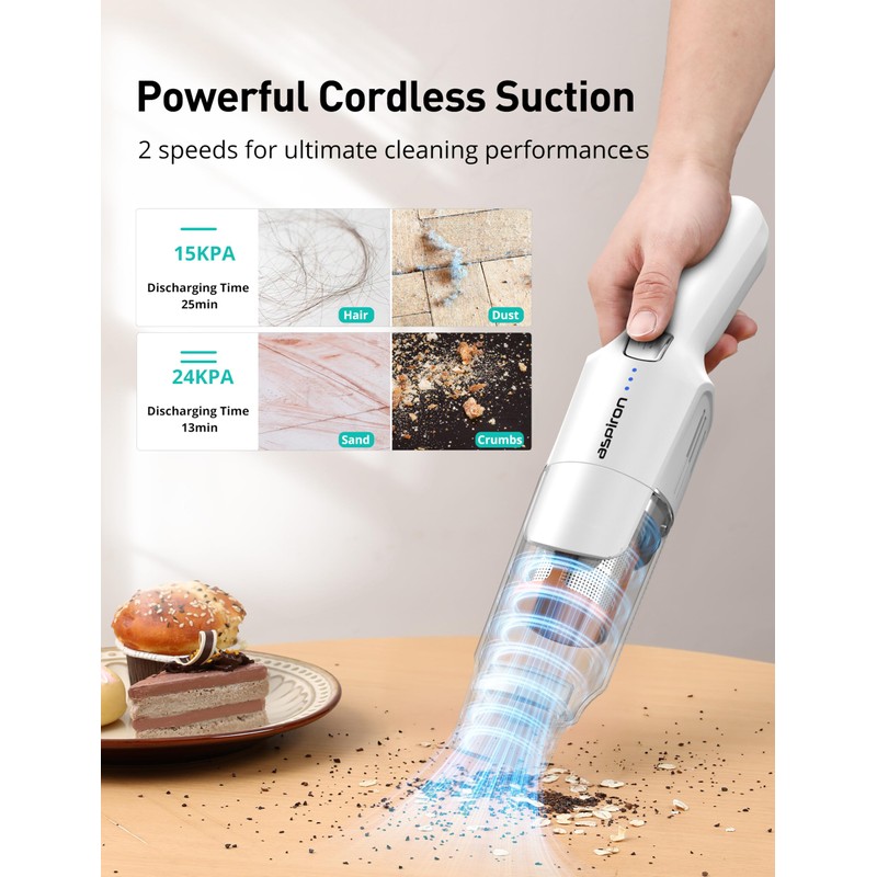 Aspiron Cordless Handheld Vacuum, 24KPA Powerful Car Vacuum, 2-Speed, 2