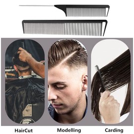 Rat Tail Combs Set, RuiChy 3 Pack Carbon Styling Combs Barber Hairdressing Comb Cutting Wide and Fine Teeth Comb Steel Pintail Comb Teasing Hair Comb with 6 Metal Alligator Curl Clips