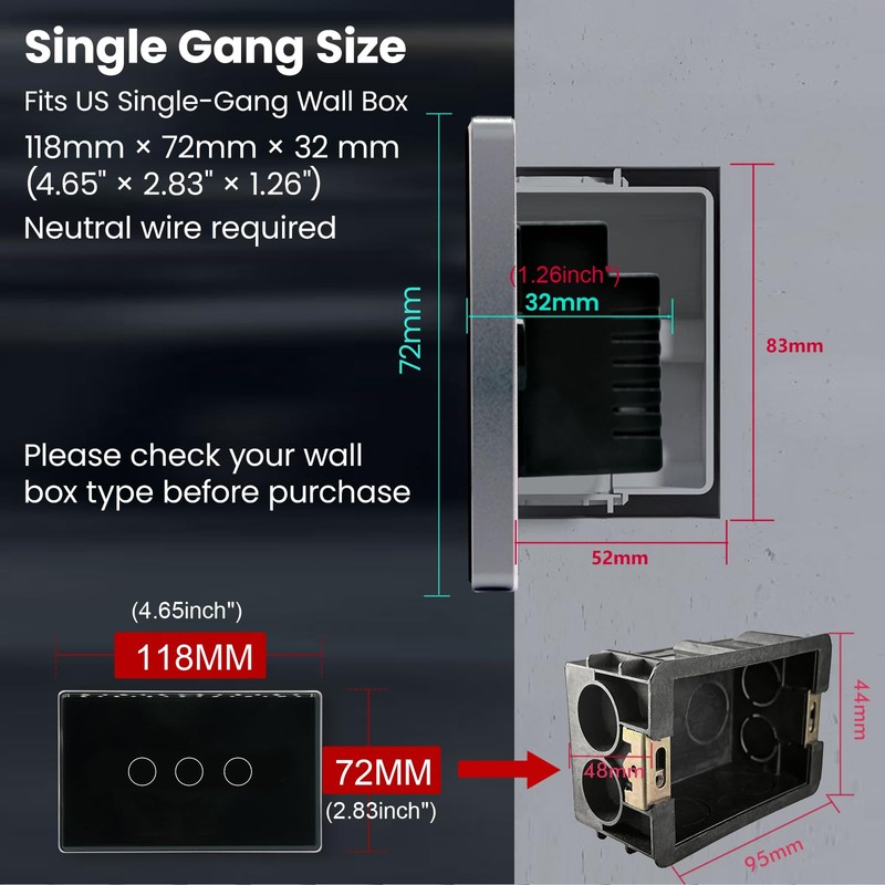 LOUYSGEN Smart Light Switch,3-Button,Aluminum Frame, Neutral Required,2.4GHz, Tuya Smart Life