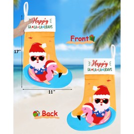 Beach Christmas Stockings 3 Pack 11'' x 17'' Coastal Christmas Decorations Funny Tree Hanging Ornament Bag Fireplace Hanging Soft Large Plush Socks with Santa Flamingo Palms Xmas Gifts Storage Sock