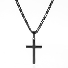 Tuewut Cross Necklace for Men, Silver Gold Black Stainless Steel Plain Cross Pendant Necklace for Men Cuban Chain 16-26 Inch (26.0 Inches, Blcak)