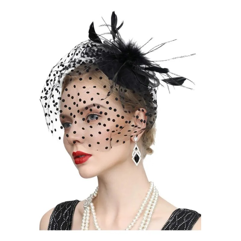 Sombrero Tocado Velo Plumas Vintage Mujer,guante De Encaje