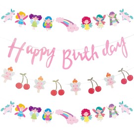 4 Stück Feen Geburtstag Deko Girlande Mädchen - Fee Party Dekoration Geburtstagsgirlande und Happy Birthday Banner, Hängdeko Garland für Kindergeburtstag Dekorationen