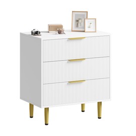 Garvee Fluted Dresser for Bedroom with 3 Drawers, Wooden Chest of Drawers with Metal Handle & Feet, White Dresser for Living Room, Hallway, Bedroom