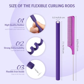 60 Varillas de Espuma para Rizar Flexibles Retorcidos Rodillos para Cabello sin Calor y Varillas Flexibles de Cola de Rata de Acero Inoxidable Mujeres (Morado, 0.3 x 7 Pulgadas)