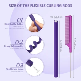 60 Varillas de Espuma para Rizar Flexibles Retorcidos Rodillos para Cabello sin Calor y Varillas Flexibles de Cola de Rata de Acero Inoxidable Mujeres (Morado, 0.3 x 7 Pulgadas)