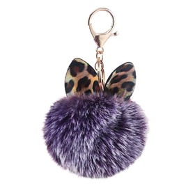 White Fang AZ094 Women's Key Ring Charm Keychain Cat Ears Cat Leopard Pattern Fluffy, W Purple