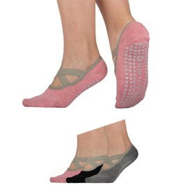 KEYUN Pilates Socks with Grips for Womens Athletic Gym Yoga Barre Dance Non Slip Skid Socks for Women with Crossed Strap Style1 Black/Grey/Pink