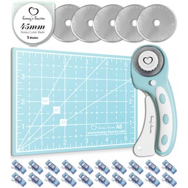Rotary Cutter Set - Quilting Kit incl. 45mm Fabric Cutter, 5 Replacement Blades, A6 Cutting Mat and Craft Clips - Ideal for Crafting, Sewing, Patchworking, Crochet & Knitting (Turquoise, A6)