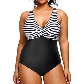 Yonique Traje de baño de una pieza de talla grande para mujer, traje de baño adelgazante con control de abdomen, Negro y blanco (Black & White Stripe), 24 Plus