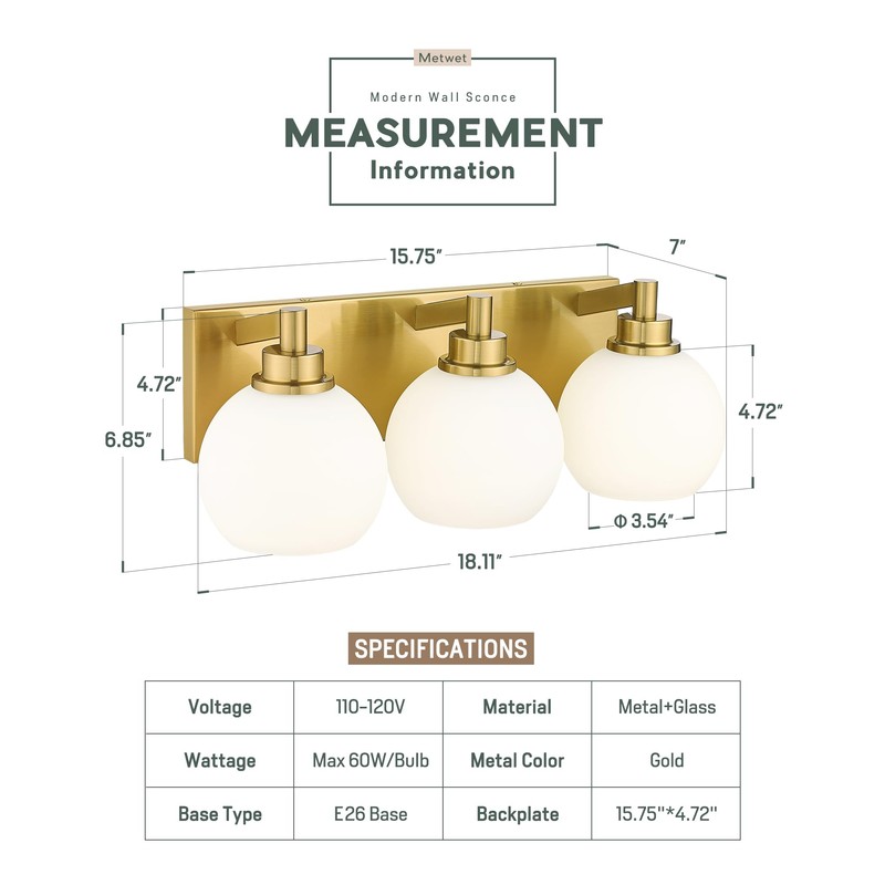 METWET Bathroom Light Fixtures, 3-Light Brushed Gold Vanity Light, Modern