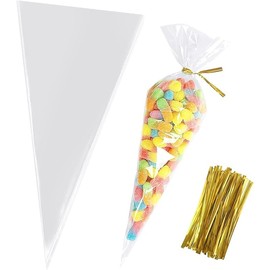 Lienyeang 13x25cm Clear Sweet Cone Bags Clear Treat Bags Plastic Popcorn Bags Clear Cellophane Bags And Twist Ties For Baking, Sweets And Biscuits(100pcs)
