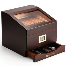 GLENCREAG FT-2042 Cigar Humidor Box for 55 to 85 Counts, See-through Design with Spanish Cedar Lining & Divider, Digital Hygrometer, Accessory Drawer & Humidifier, Gift for Cigar Lovers