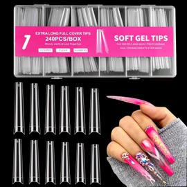 Extra Long Coffin Nail Tips No C Curve 240PCS XXXL Coffin Nails Clear Acrylic Nails Tips, Half Cover Long Coffin Press On Nails, Flat Acrylic Nail Tips False Nails For Nail Salon Home DIY,12 Sizes