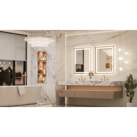 Keonjinn 28 x 36 Inch Gold LED Bathroom Mirror with Frontlit & Backlit, Lighted Mirrors for Bathroom Wall, UL Listed LED Driver, Tempered Glass, Metal Framed Beveled Edge, 3000K/4500K/6000K, Defogging