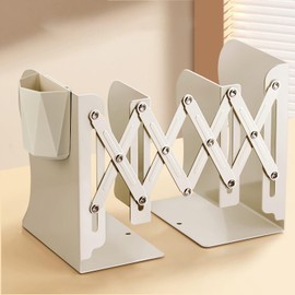 金属製 ブックスタンド 伸縮自在 本立て 倒れない ペン立て付き 多機能収納 デスク周り オフィス 在宅勤務 勉強 リビング 書斎 本棚 本/雑誌/書類入り整理 おしゃれ 事務用品 (白, 大きいサイズ-13*16.5*伸縮距離(8.6-48)cm)