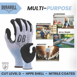 Durabull Safety Workwear or Gardening Gloves. Stretch comfort fit. Sandy Nitrile Coating, Giving a Firm, Anti Slip Grip. Reinforced/Heavy Duty Use. Cut Resistant (2, 9)